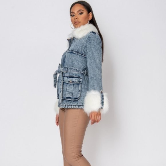 Long Sleeve Shearling Lined Faux Fur Collar and Cuff Denim Jeans Jacket - Picture 8 of 12